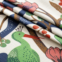 Load image into Gallery viewer, Cotton Ivory Navy Blue Green Red Floral Bird Print Upholstery Drapery Fabric