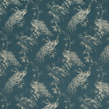 Load image into Gallery viewer, Teal Grey Peacock Bird Floral Brocade Upholstery Drapery Fabric