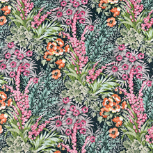 Load image into Gallery viewer, Black Fuchsia Pink Green Orange Floral Tropical Upholstery Drapery Fabric MGF
