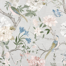 Load image into Gallery viewer, Grey Green Pink Cream Blue Floral Bird Print  Upholstery Drapery Fabric MGF