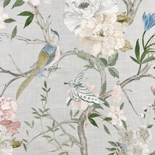 Load image into Gallery viewer, Grey Green Pink Cream Blue Floral Bird Print  Upholstery Drapery Fabric MGF