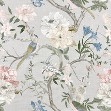 Load image into Gallery viewer, Grey Green Pink Cream Blue Floral Bird Print  Upholstery Drapery Fabric MGF