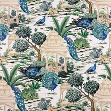 Load image into Gallery viewer, Cotton Sateen Ivory Blue Green Bird Peacock Floral Toile Upholstery Drapery Fabric MGF