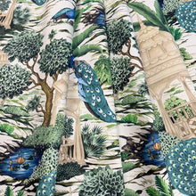 Load image into Gallery viewer, Cotton Sateen Ivory Blue Green Bird Peacock Floral Toile Upholstery Drapery Fabric MGF