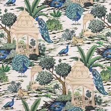 Load image into Gallery viewer, Cotton Sateen Ivory Blue Green Bird Peacock Floral Toile Upholstery Drapery Fabric MGF