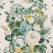 Load image into Gallery viewer, Linen Viscose Cream Green Yellow Teal Floral Upholstery Drapery Fabric MGF