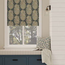 Load image into Gallery viewer, Teal Blue Mustard Gold Botanical Tree Print Upholstery Drapery Fabric / Denim