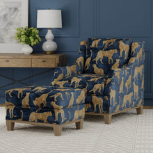 Load image into Gallery viewer, Teal Navy Blue Mustard Gold Cream Cheetah Animal Pattern Velvet Upholstery Fabric / Navy