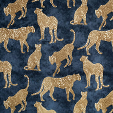 Load image into Gallery viewer, Teal Navy Blue Mustard Gold Cream Cheetah Animal Pattern Velvet Upholstery Fabric / Navy