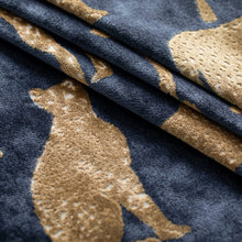 Load image into Gallery viewer, Teal Navy Blue Mustard Gold Cream Cheetah Animal Pattern Velvet Upholstery Fabric / Navy