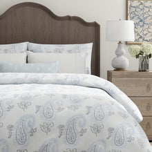 Load image into Gallery viewer, Aqua Chambray Blue Grey Paisley Upholstery Fabric / Mist