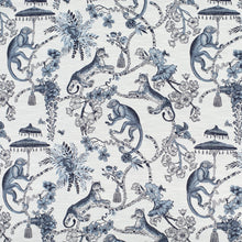 Load image into Gallery viewer, Light Grey Navy Blue Indigo Chinoiserie Monkey Cheetah Upholstery Drapery Fabric / Sapphire