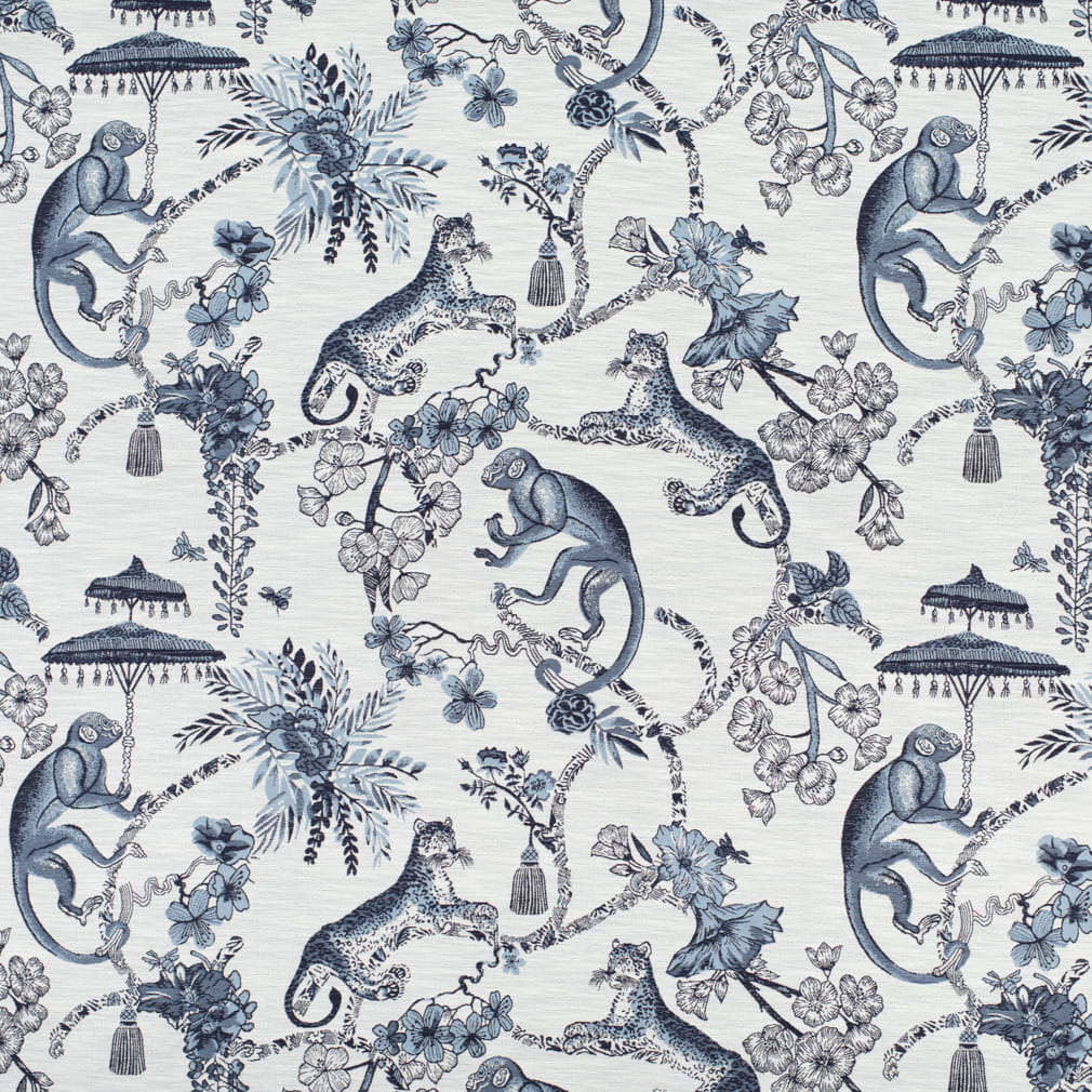Light Grey Navy Blue Indigo Chinoiserie Monkey Cheetah Upholstery Drapery Fabric / Sapphire