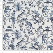 Load image into Gallery viewer, Light Grey Navy Blue Indigo Chinoiserie Monkey Cheetah Upholstery Drapery Fabric / Sapphire