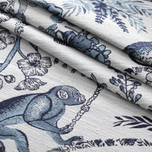 Load image into Gallery viewer, Light Grey Navy Blue Indigo Chinoiserie Monkey Cheetah Upholstery Drapery Fabric / Sapphire