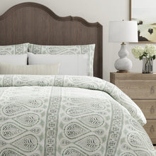 Load image into Gallery viewer, Cotton Linen White Green Stripe Ethnic Tribal Upholstery Drapery Fabric / Evergreen