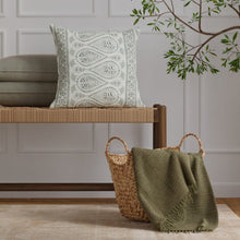 Load image into Gallery viewer, Cotton Linen White Green Stripe Ethnic Tribal Upholstery Drapery Fabric / Evergreen