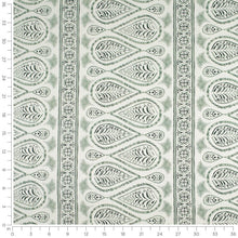 Load image into Gallery viewer, Cotton Linen White Green Stripe Ethnic Tribal Upholstery Drapery Fabric / Evergreen