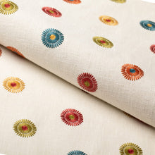 Load image into Gallery viewer, Ivory Red Orange Mustard Yellow Teal Green Embroidered Circle Drapery Fabric