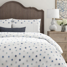 Load image into Gallery viewer, White Navy Blue Green Grey Embroidered Circles Geometric Drapery Fabric / Seaglass