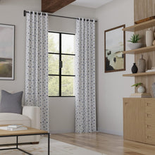 Load image into Gallery viewer, White Navy Blue Green Grey Embroidered Circles Geometric Drapery Fabric / Seaglass