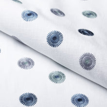 Load image into Gallery viewer, White Navy Blue Green Grey Embroidered Circles Geometric Drapery Fabric / Seaglass
