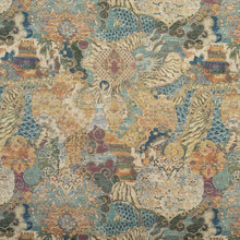 Load image into Gallery viewer, Mustard Gold Teal Green Red Orange Distressed Softened Tapstry Upholstery Drapery Fabruc