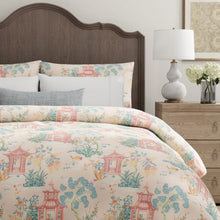 Load image into Gallery viewer, Pink Teal Aqua Chinoiserie Pagoda Upholstery Drapery Fabric