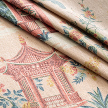 Load image into Gallery viewer, Pink Teal Aqua Chinoiserie Pagoda Upholstery Drapery Fabric
