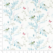 Load image into Gallery viewer, Cotton White Green Blue Purple Floral Bird Chintz Upholstery Drapery Fabric