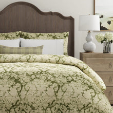 Load image into Gallery viewer, Emerald Green Sage Distressed Damask Velvet Upholstery Drapery Fabric / Pesto