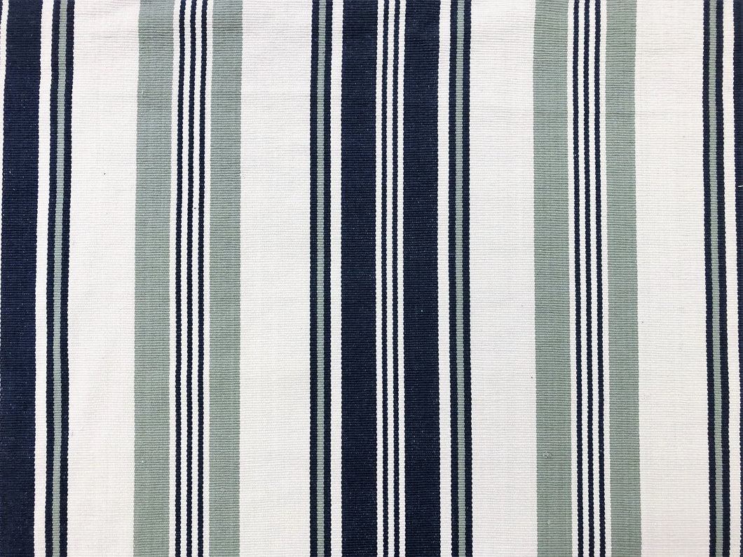 Reversible Navy Blue Sage Green Beige Nautical Stripe Cotton Linen Upholstery Fabric WHS013