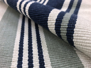 Reversible Navy Blue Sage Green Beige Nautical Stripe Cotton Linen Upholstery Fabric WHS013