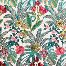 Load image into Gallery viewer, Ivory Lime Green Red Pink Mustard Floral Embroidered Drapery Fabric MGF