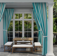 Load image into Gallery viewer, Heavy Duty Outdoor Solution Dyed Acrylic Turquoise Blue Cream Stripe Upholstery Drapery Fabric CF