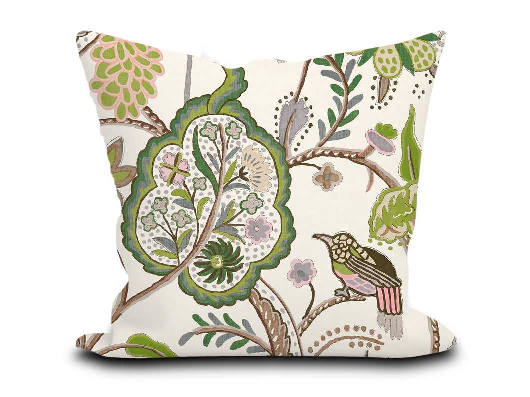 Custom Pillow Cover in Floral Botanical Bird Thibaut Windsor in Green and Brown - Both Sides
