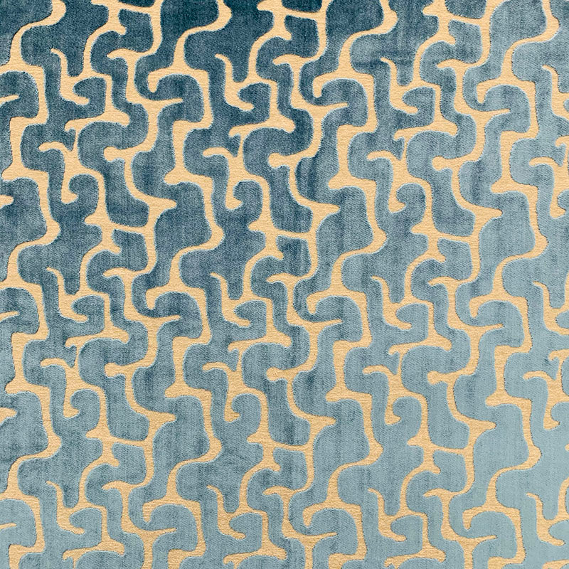 Teal Blue Greige Abstract Cut Velvet Upholstery Fabric MGF