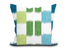 Load image into Gallery viewer, Custom Pillow Cover in Thibaut Abstract Kasuri in Green and Blue - One Side