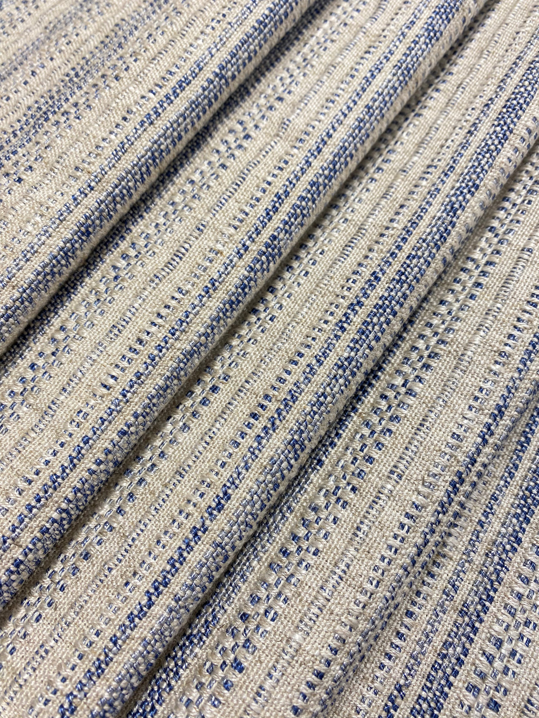 Irregular Remnant Piece of Schumacher Rustico Indigo Woven Beige Blue Stripe Upholstery Fabric WHS 4301