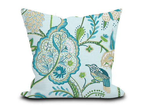 Custom Pillow Cover in Floral Botanical Bird Thibaut Windsor in Spa Blue - Both Sides