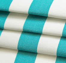 Load image into Gallery viewer, Heavy Duty Outdoor Solution Dyed Acrylic Turquoise Blue Cream Stripe Upholstery Drapery Fabric CF