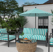 Load image into Gallery viewer, Heavy Duty Outdoor Solution Dyed Acrylic Teal Green Cream Stripe Upholstery Drapery Fabric CF
