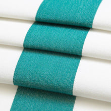 Load image into Gallery viewer, Heavy Duty Outdoor Solution Dyed Acrylic Teal Green Cream Stripe Upholstery Drapery Fabric CF