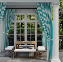 Load image into Gallery viewer, Heavy Duty Outdoor Solution Dyed Acrylic Turquoise Blue Cream Stripe Upholstery Drapery Fabric CF