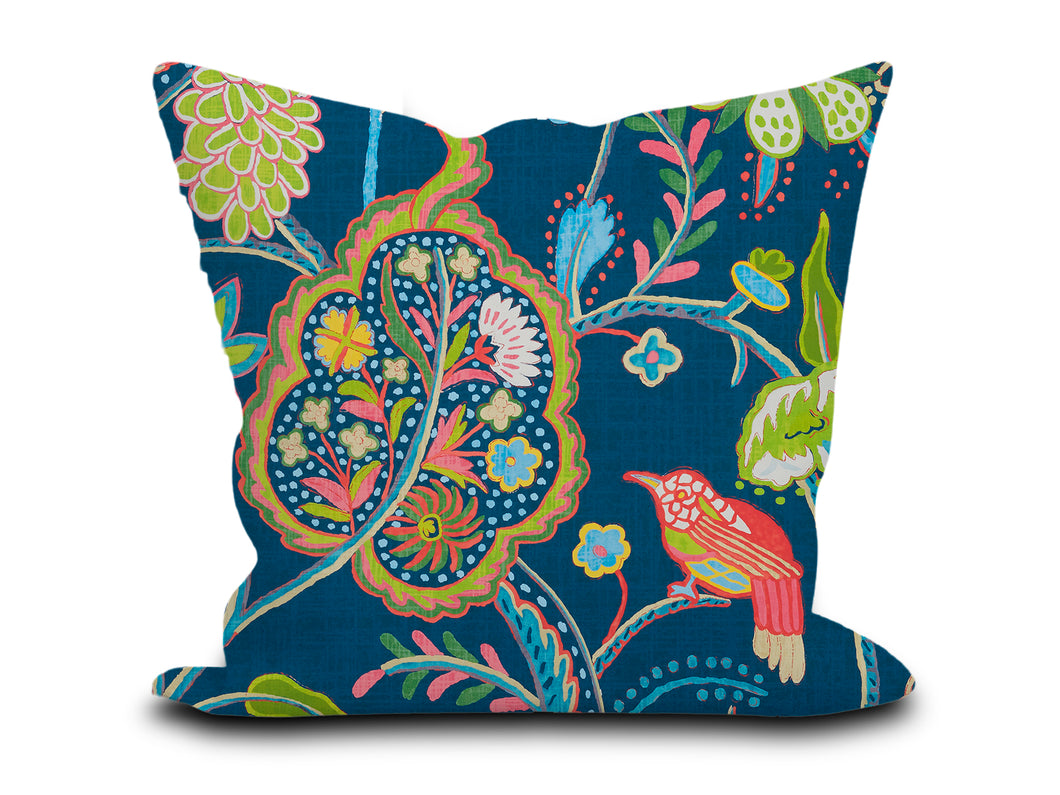 Custom Pillow Cover in Floral Botanical Bird Thibaut Windsor in Navy Blue  - Both Sides