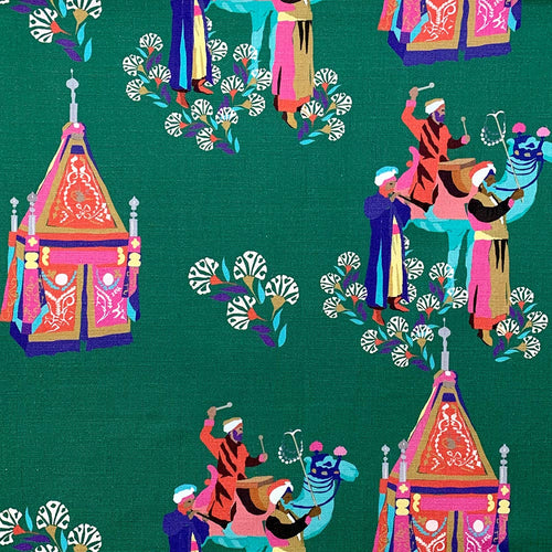 Green Purple Fuchsia Teal Mustard Chinoiserie Indian Three Wise Men Cotton Upholstery Drapery Fabric MGF