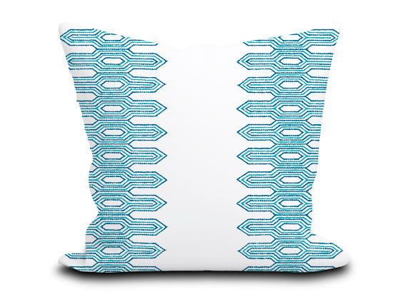 Custom Pillow Cover in Thibaut Nola Stripe Embroidery Aqua - Both Sides