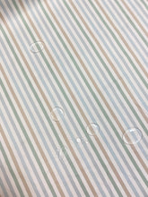 Load image into Gallery viewer, Designer Cotton Cream Aqua Blue Green Taupe Stripe Water &amp; Stain Resistant Upholstery Drapery Fabric WHS 4528