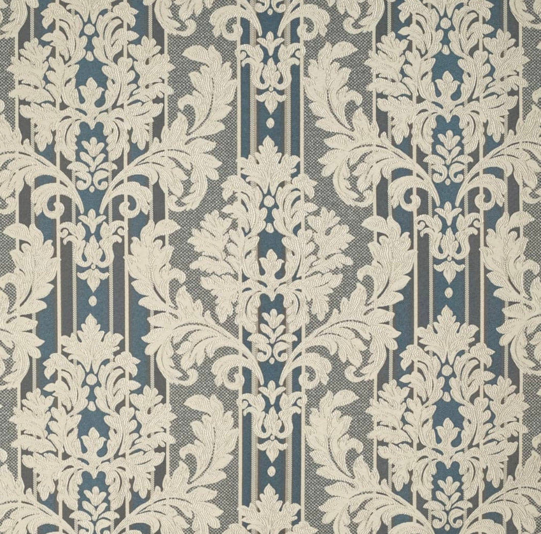 Spanish Made French Navy Blue Grey Damask Stripe Upholstery Drapery Fabric CF