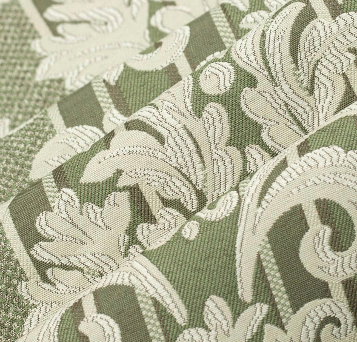 E606 Striped Brown, Green And Gold Damask Upholstery Fabric By The